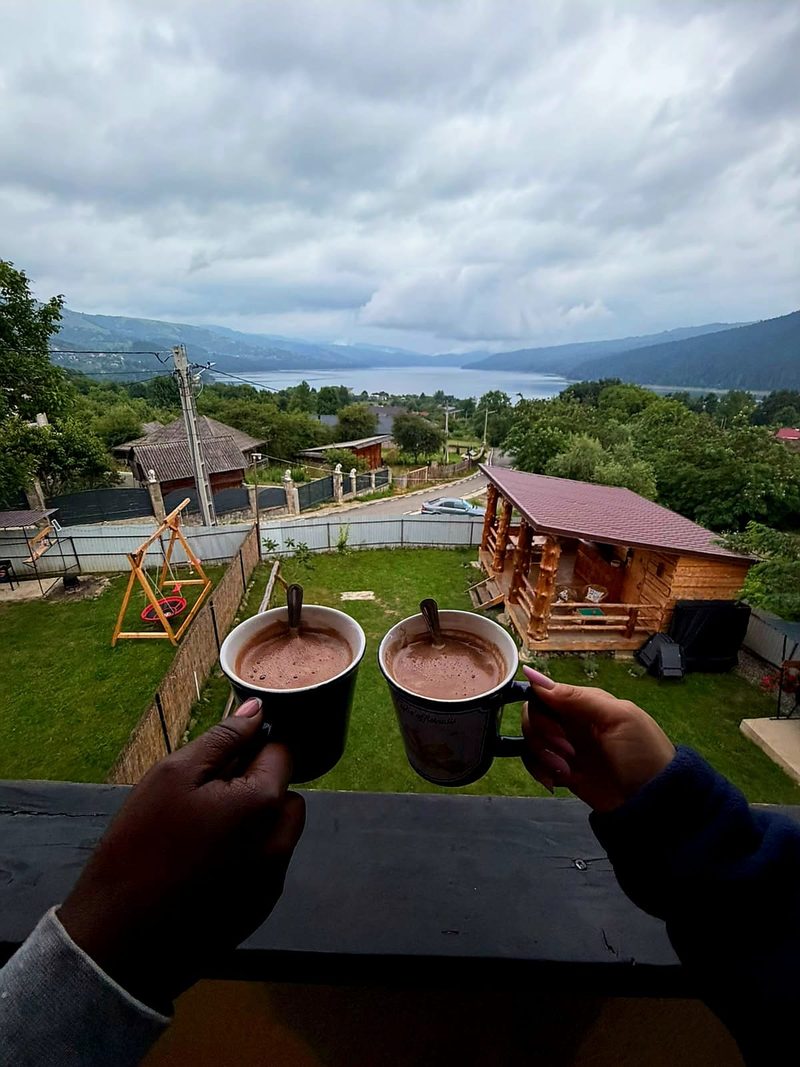 Două cești de cafea ridicate în aer în curtea Casei David, cu ciubărul, foișorul și lacul în fundal
