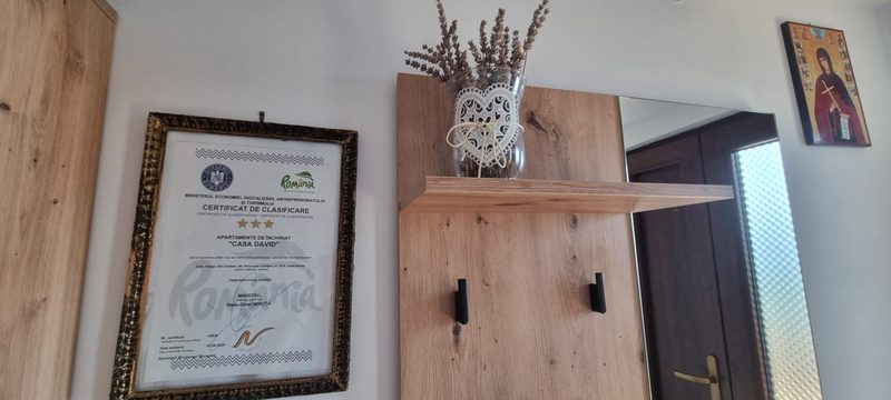 Certificatul de clasificare al Casei David, înrămat pe peretele holului