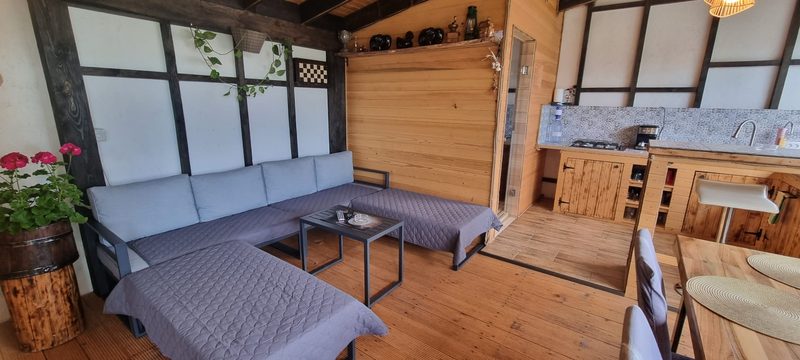 Zona de relaxare din foișor, cu canapele gri, măsuță joasă și lumină naturală